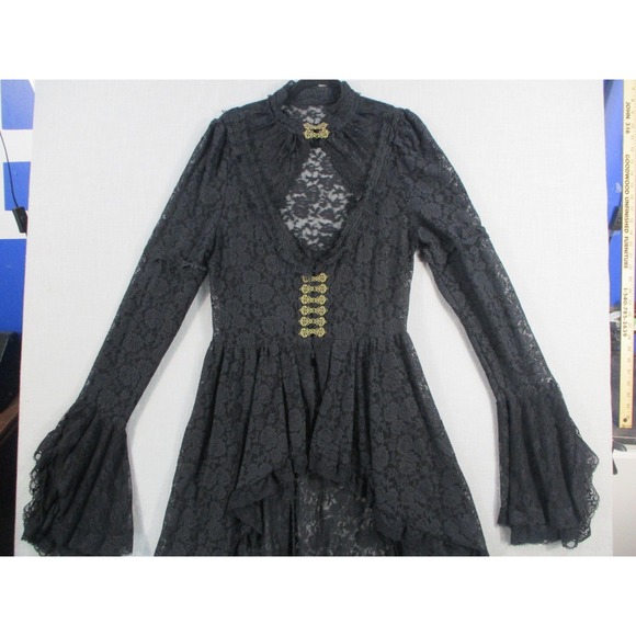 Gothic Black Lace High Low Dress Bell Sleeve Victorian Steampunk Dress Top - Picture 3 of 16